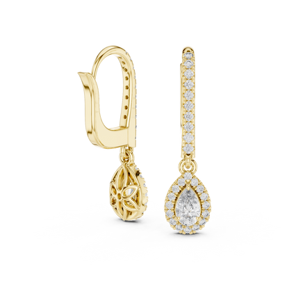 Pear Cut Diamond Halo Huggie Drop Earrings Yellow Gold Teardrop Dangle Gift