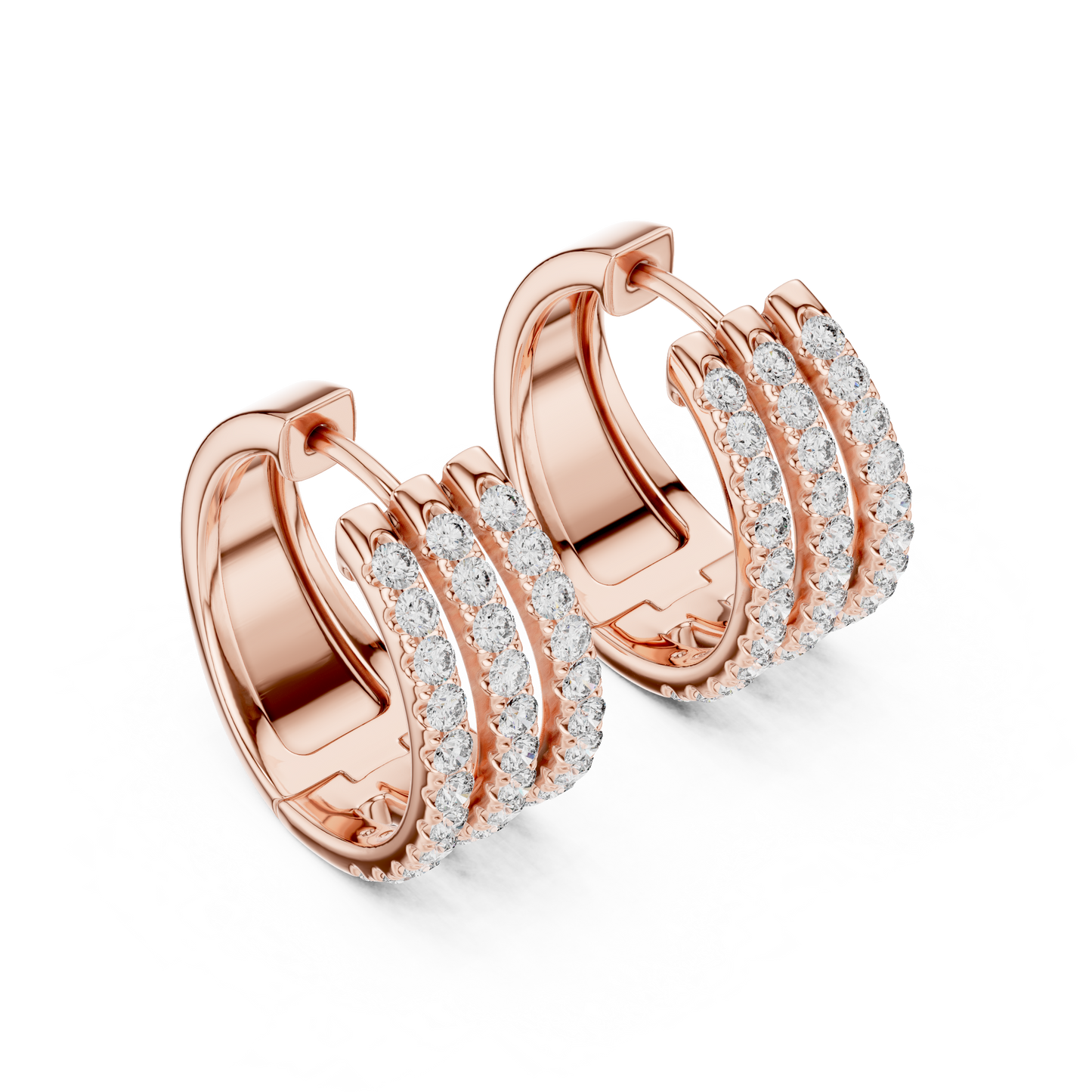 1.98CTW Triple Row Diamond Huggie Hoop Earrings in Yellow Gold