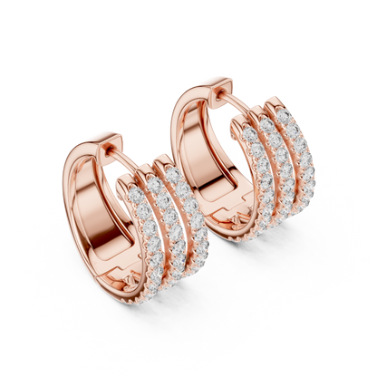 1.98CTW Triple Row Diamond Huggie Hoop Earrings in Yellow Gold