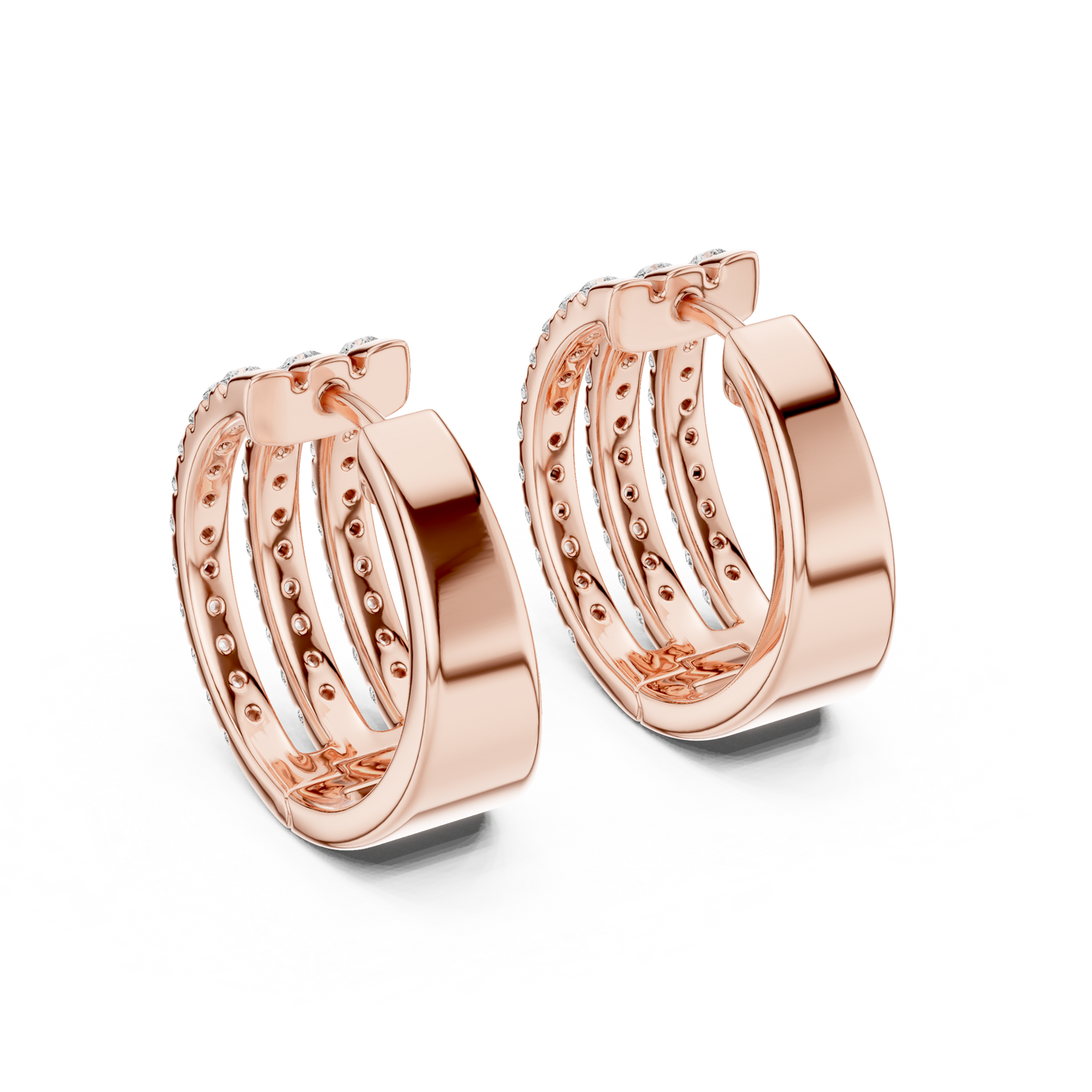 1.98CTW Triple Row Diamond Huggie Hoop Earrings in Yellow Gold