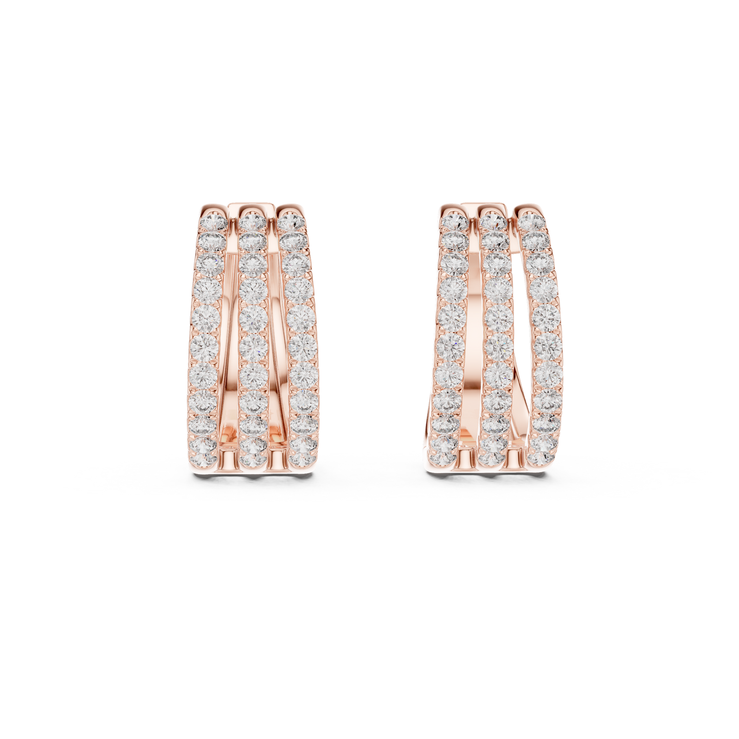 1.98CTW Triple Row Diamond Huggie Hoop Earrings in Yellow Gold