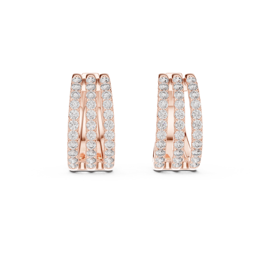 1.98CTW Triple Row Diamond Huggie Hoop Earrings in Yellow Gold