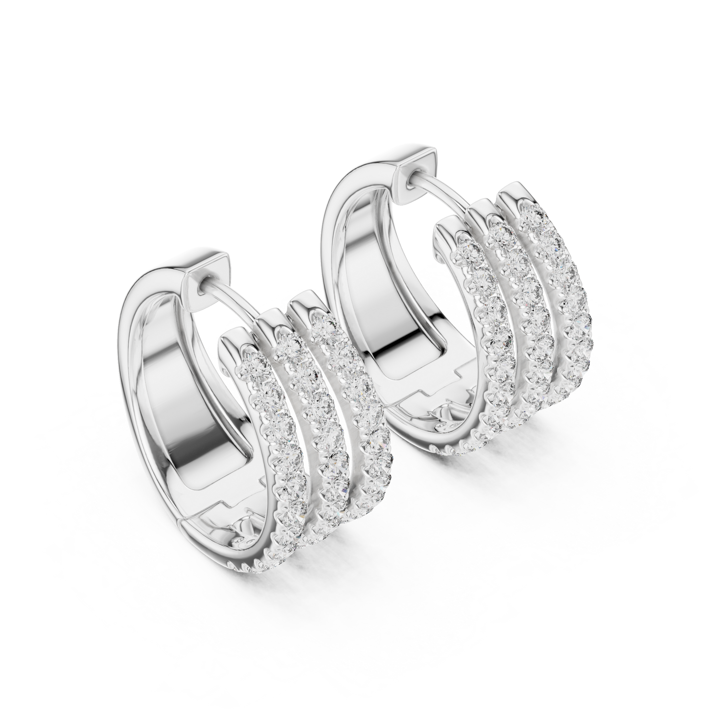 1.98CTW Triple Row Diamond Huggie Hoop Earrings in Yellow Gold