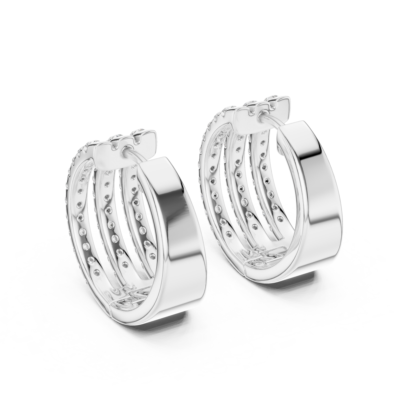 1.98CTW Triple Row Diamond Huggie Hoop Earrings in Yellow Gold