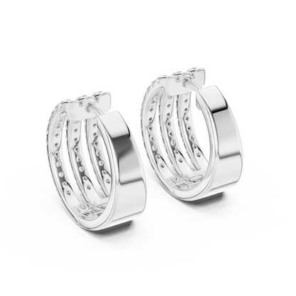1.98CTW Triple Row Diamond Huggie Hoop Earrings in Yellow Gold