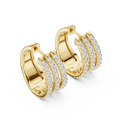 1.98CTW Triple Row Diamond Huggie Hoop Earrings in Yellow Gold