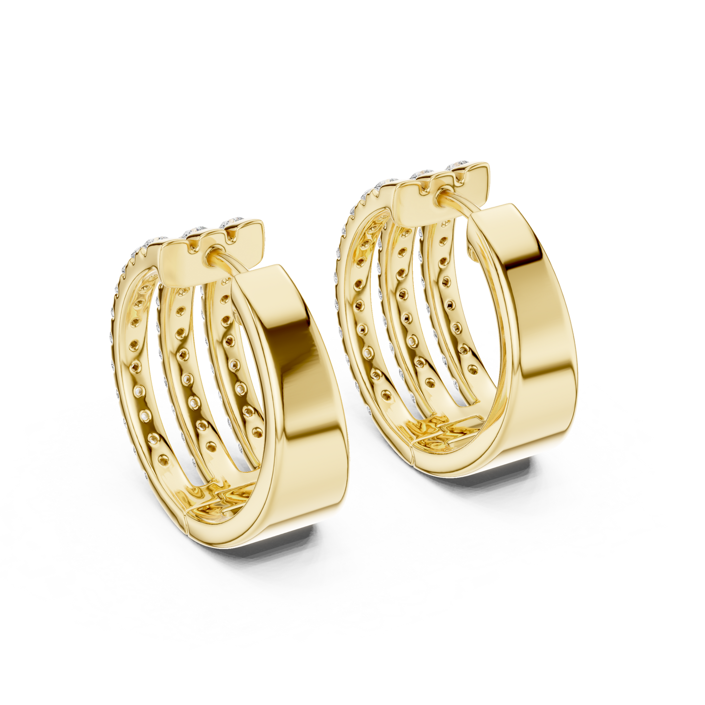 1.98CTW Triple Row Diamond Huggie Hoop Earrings in Yellow Gold