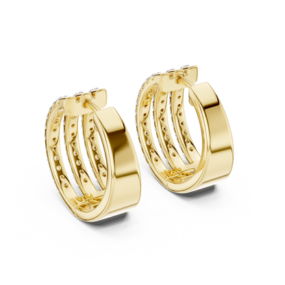 1.98CTW Triple Row Diamond Huggie Hoop Earrings in Yellow Gold