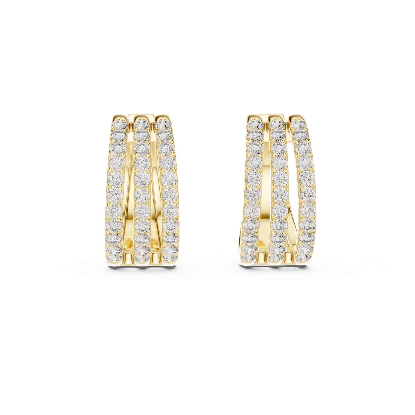 1.98CTW Triple Row Diamond Huggie Hoop Earrings in Yellow Gold