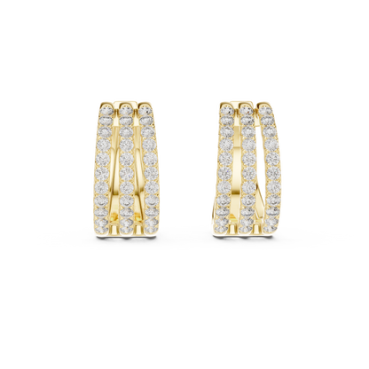 1.98CTW Triple Row Diamond Huggie Hoop Earrings in Yellow Gold