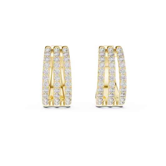 1.98CTW Triple Row Diamond Huggie Hoop Earrings in Yellow Gold