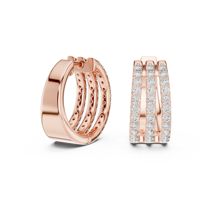 1.98CTW Triple Row Diamond Huggie Hoop Earrings in Yellow Gold