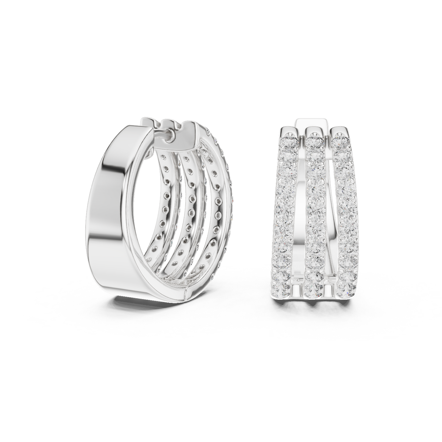 1.98CTW Triple Row Diamond Huggie Hoop Earrings in Yellow Gold