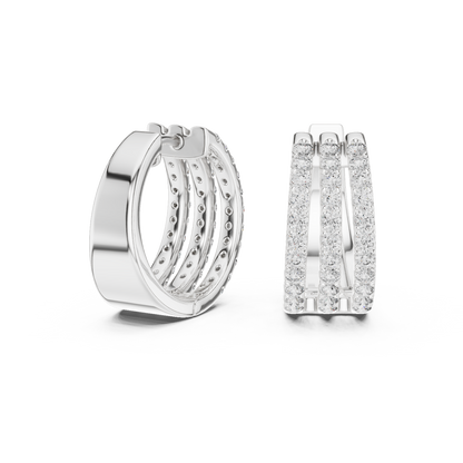 1.98CTW Triple Row Diamond Huggie Hoop Earrings in Yellow Gold