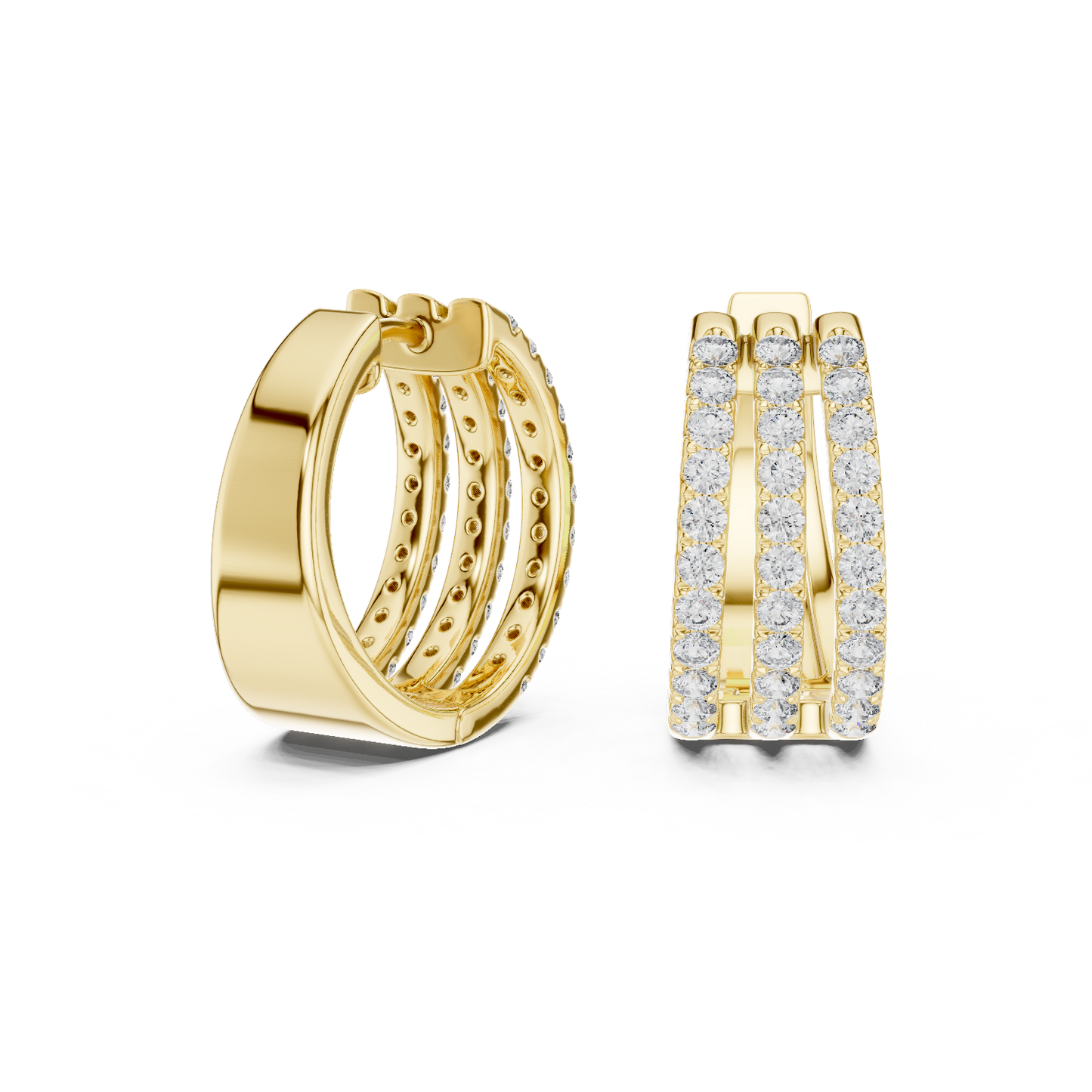 1.98CTW Triple Row Diamond Huggie Hoop Earrings in Yellow Gold