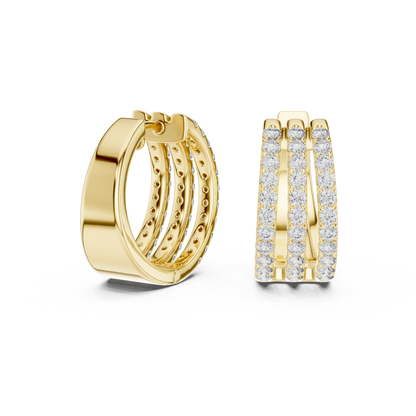 1.98CTW Triple Row Diamond Huggie Hoop Earrings in Yellow Gold