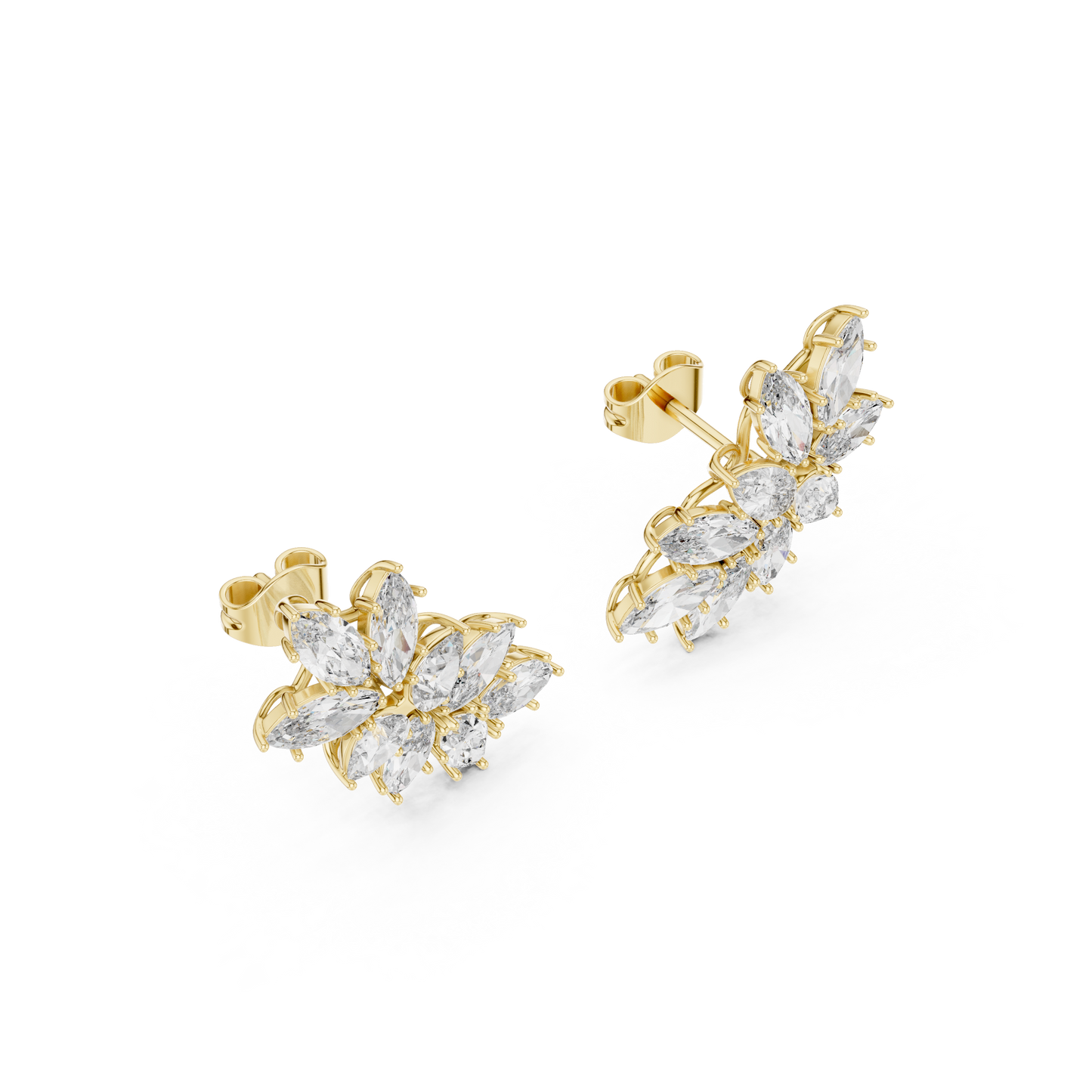 Marquise Cut Diamond Cluster Earrings Yellow Gold Wing Studs Floral Gift
