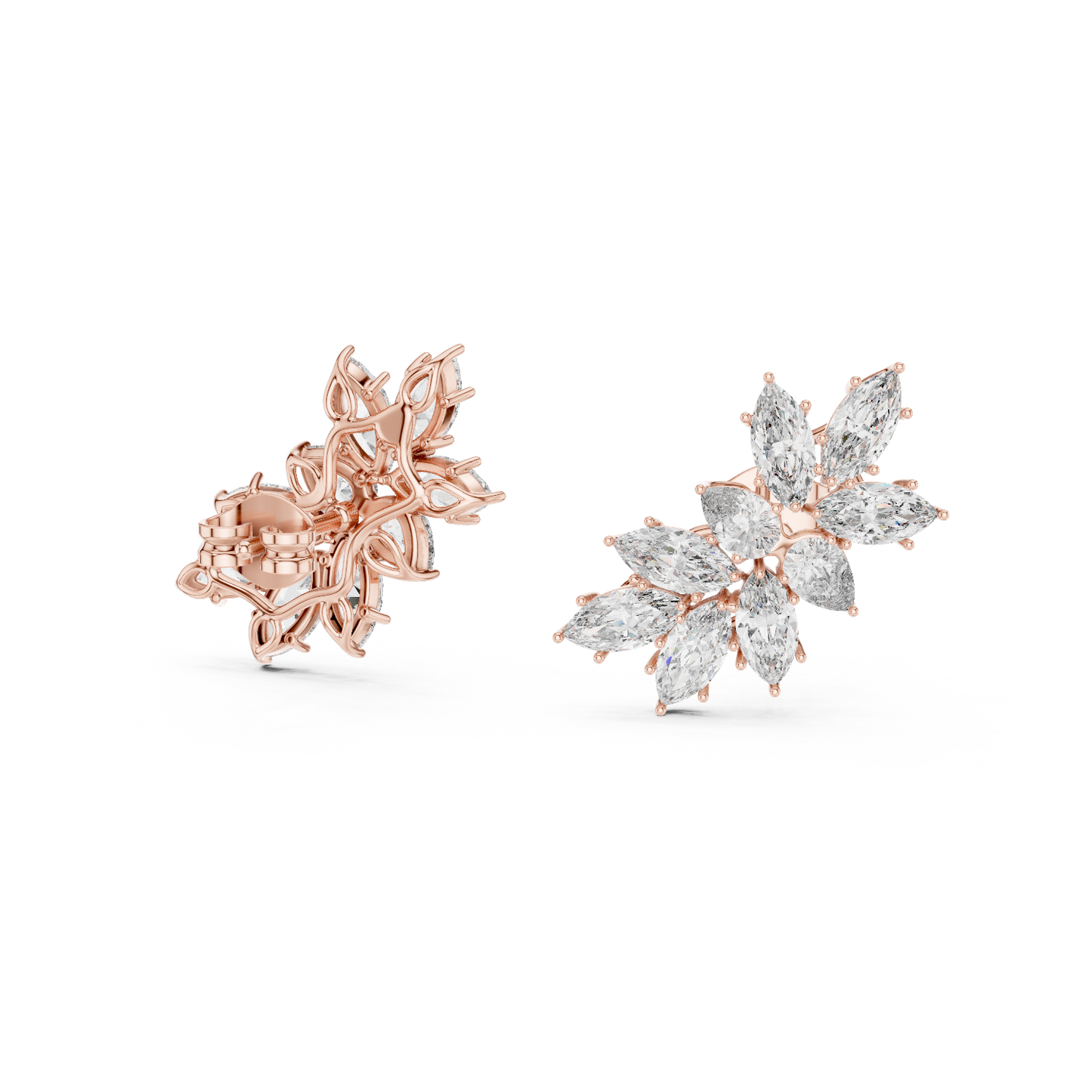 Marquise Cut Diamond Cluster Earrings Yellow Gold Wing Studs Floral Gift
