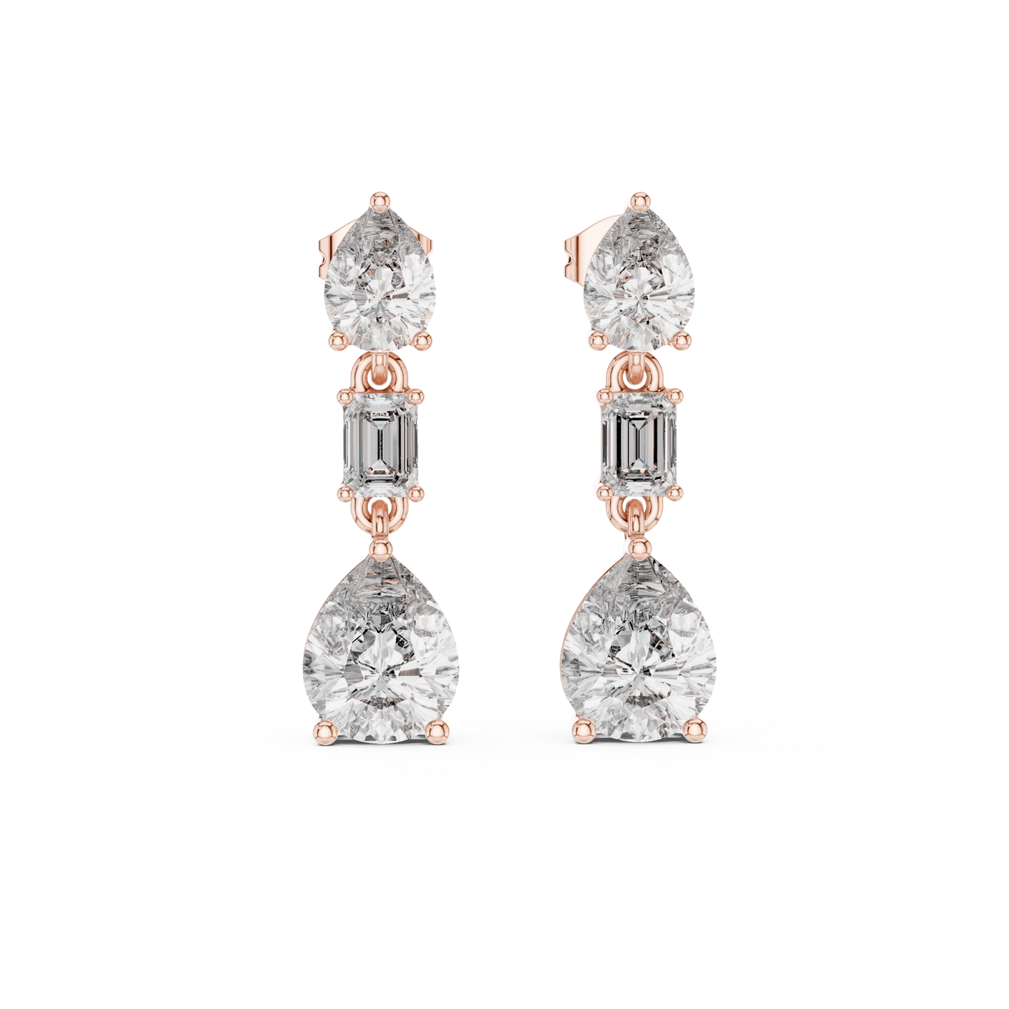 The Triple Tier Sparkle: Pear and Emerald Cut Statement Drop Earrings