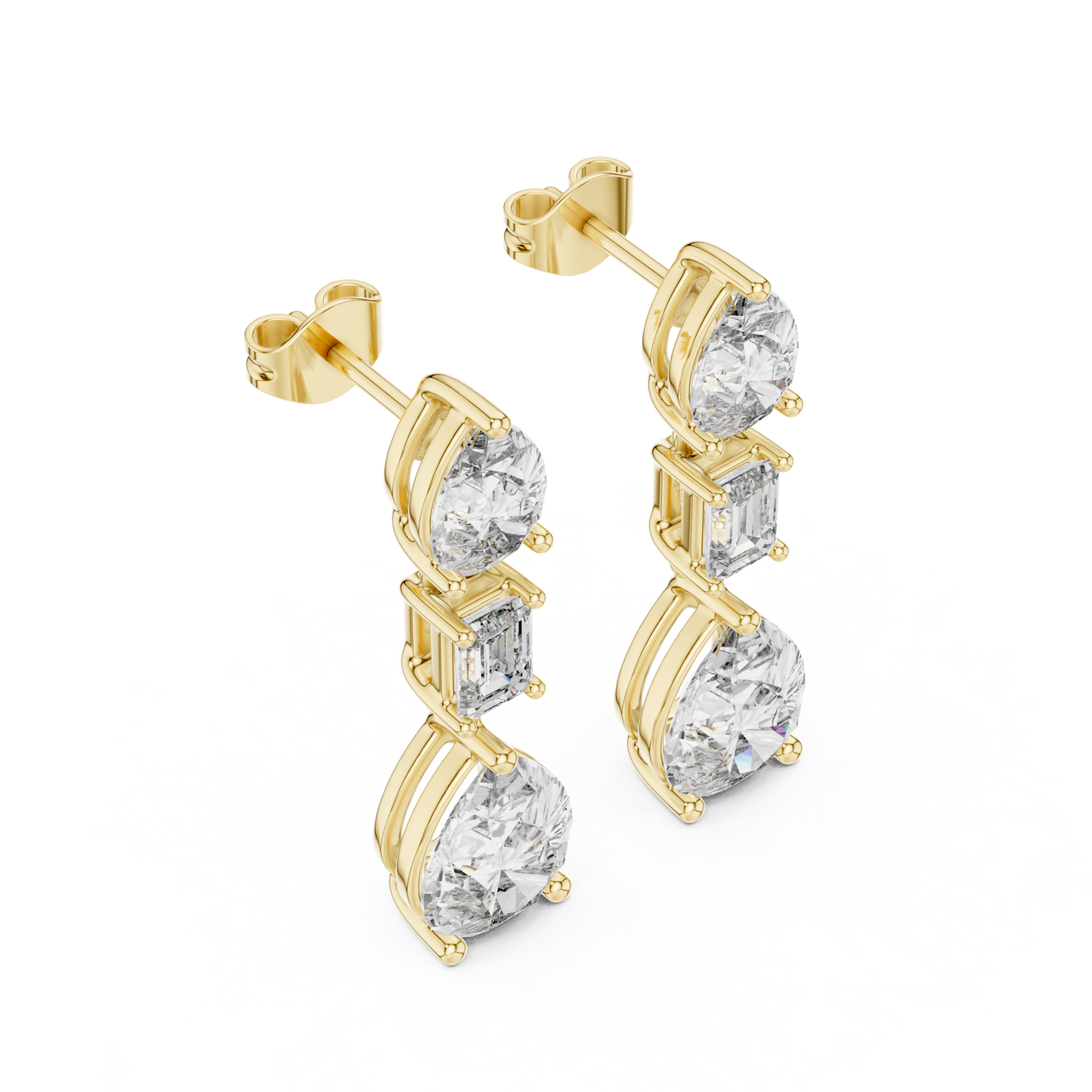 The Triple Tier Sparkle: Pear and Emerald Cut Statement Drop Earrings