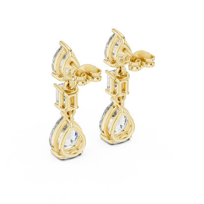 The Triple Tier Sparkle: Pear and Emerald Cut Statement Drop Earrings