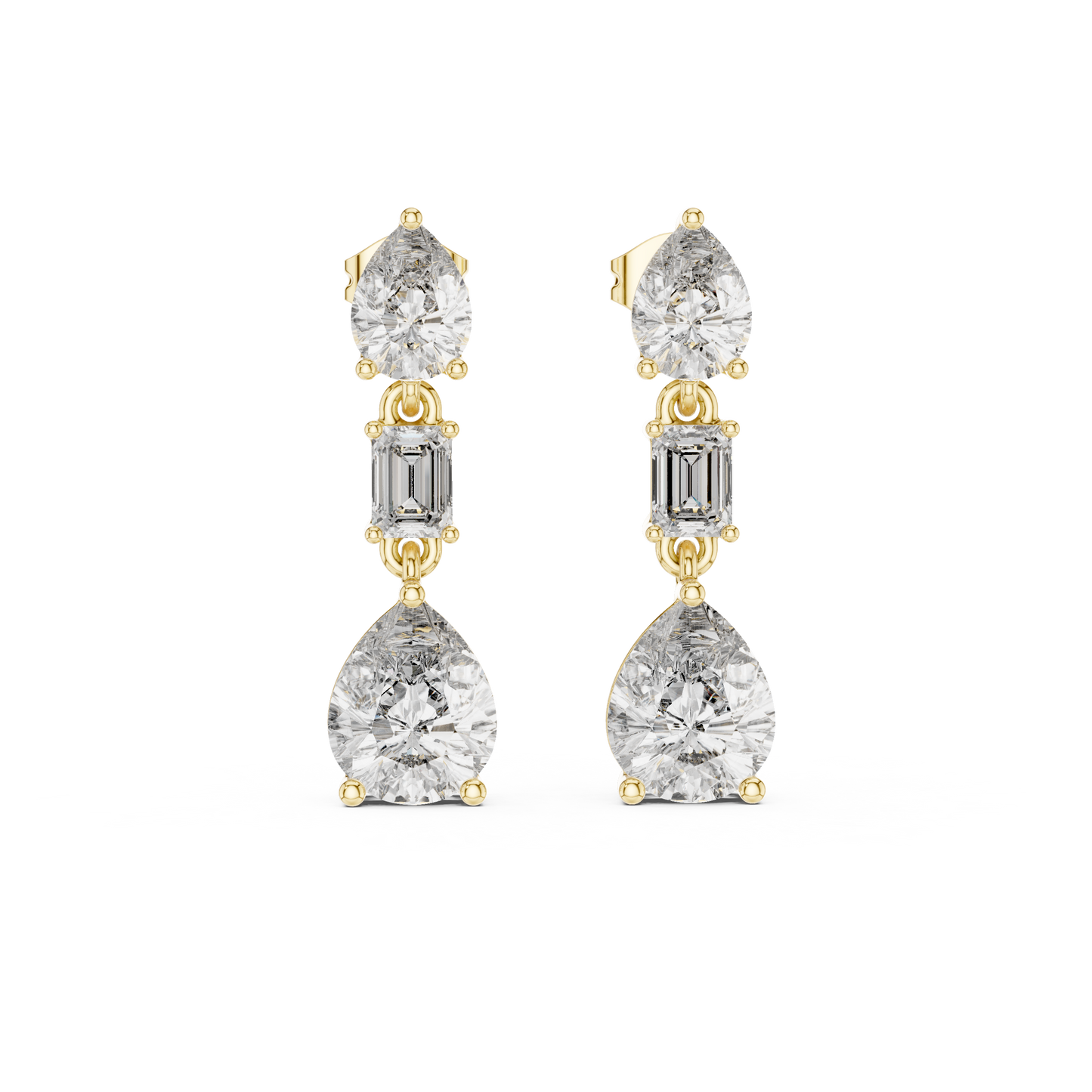 The Triple Tier Sparkle: Pear and Emerald Cut Statement Drop Earrings