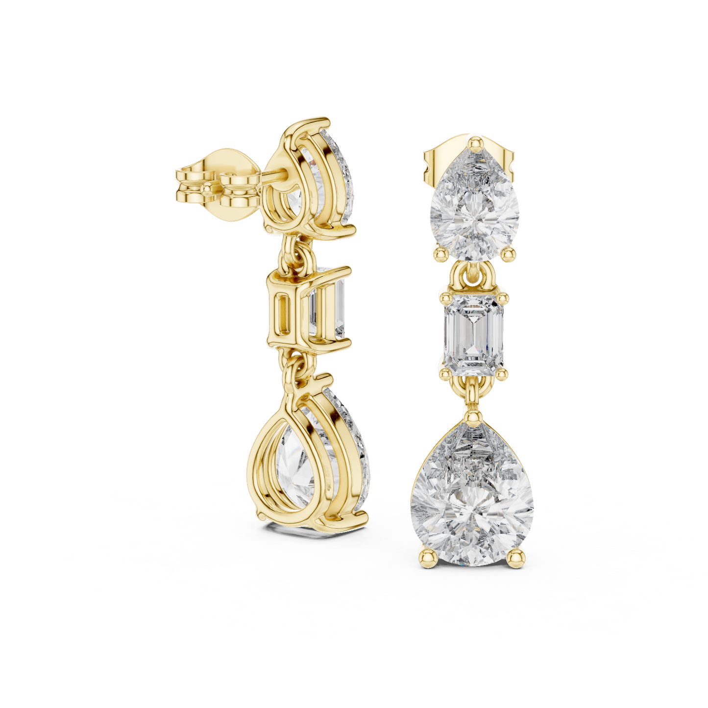 The Triple Tier Sparkle: Pear and Emerald Cut Statement Drop Earrings