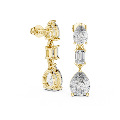 The Triple Tier Sparkle: Pear and Emerald Cut Statement Drop Earrings