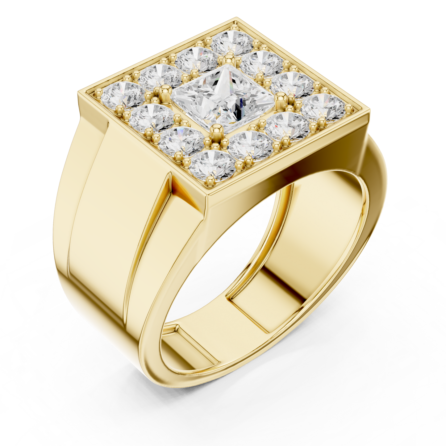 Yellow Gold Princess Cut Diamond Ring - 2.32CTW Square Halo Statement Band