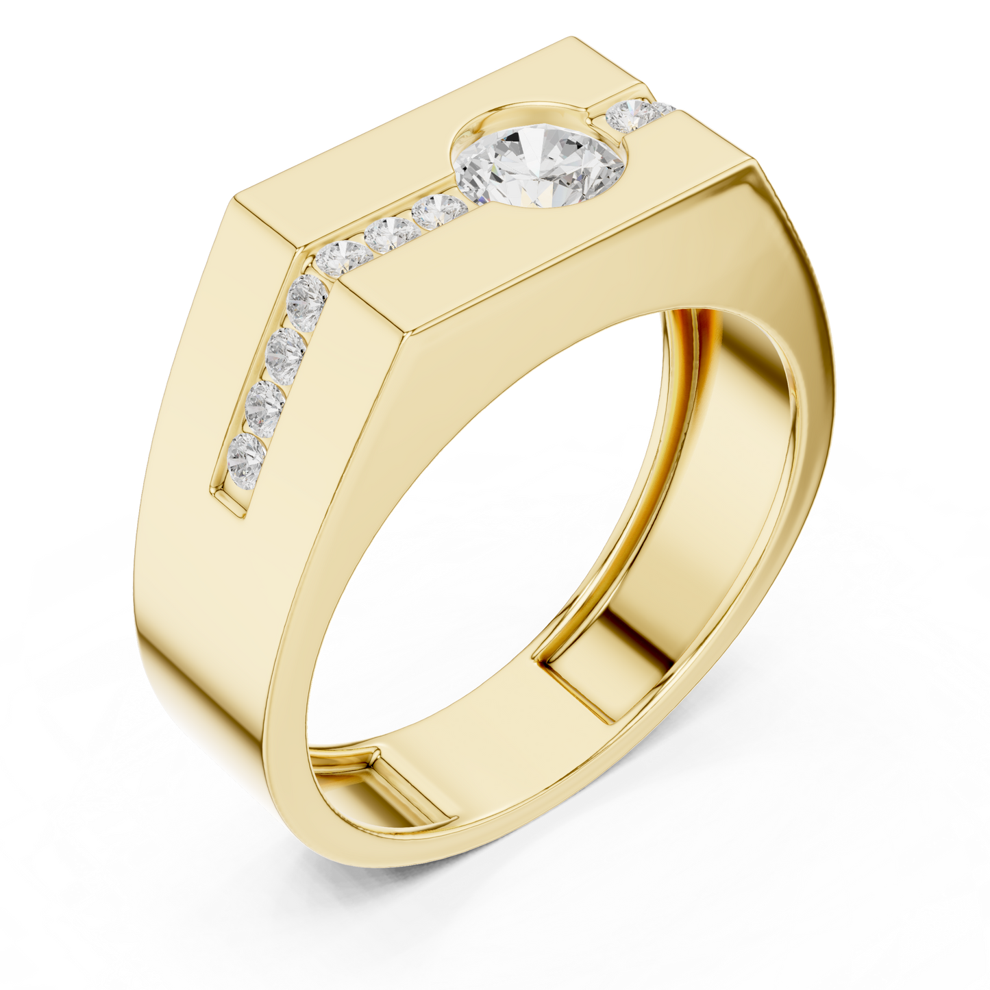 Yellow Gold Round Diamond Solitaire Ring - 0.68CTW Octagonal Statement Band
