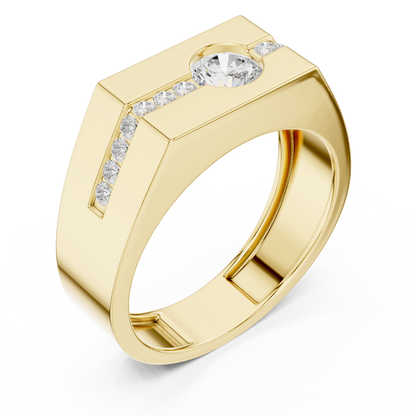 Yellow Gold Round Diamond Solitaire Ring - 0.68CTW Octagonal Statement Band