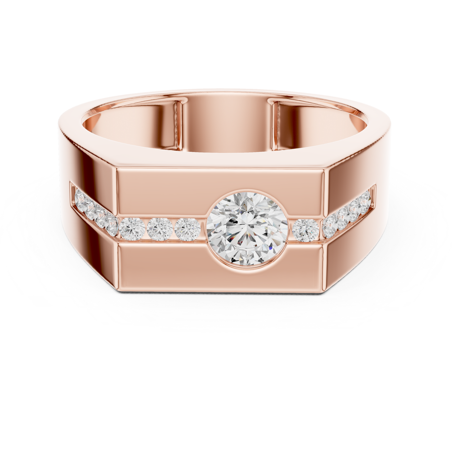Yellow Gold Round Diamond Solitaire Ring - 0.68CTW Octagonal Statement Band