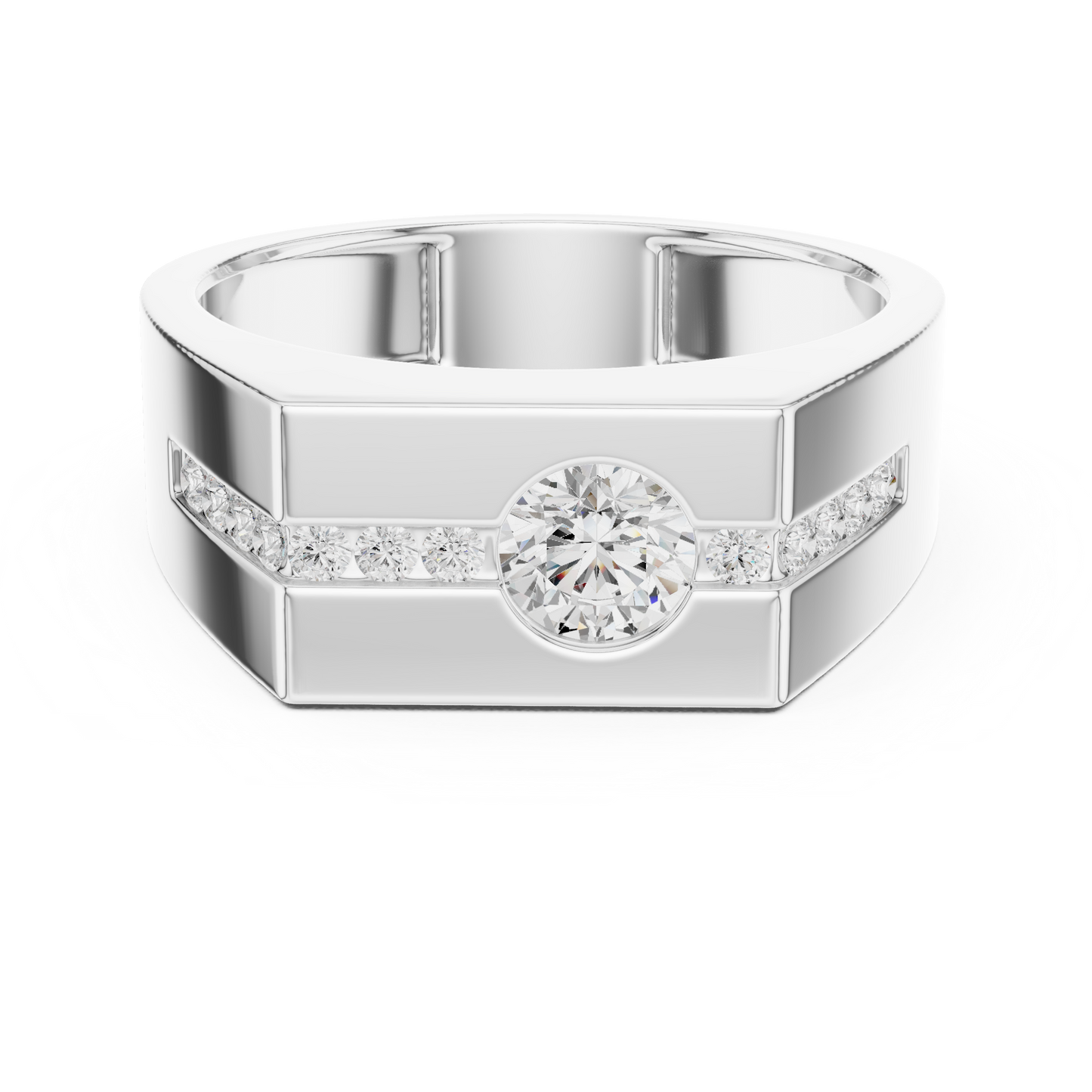 Yellow Gold Round Diamond Solitaire Ring - 0.68CTW Octagonal Statement Band