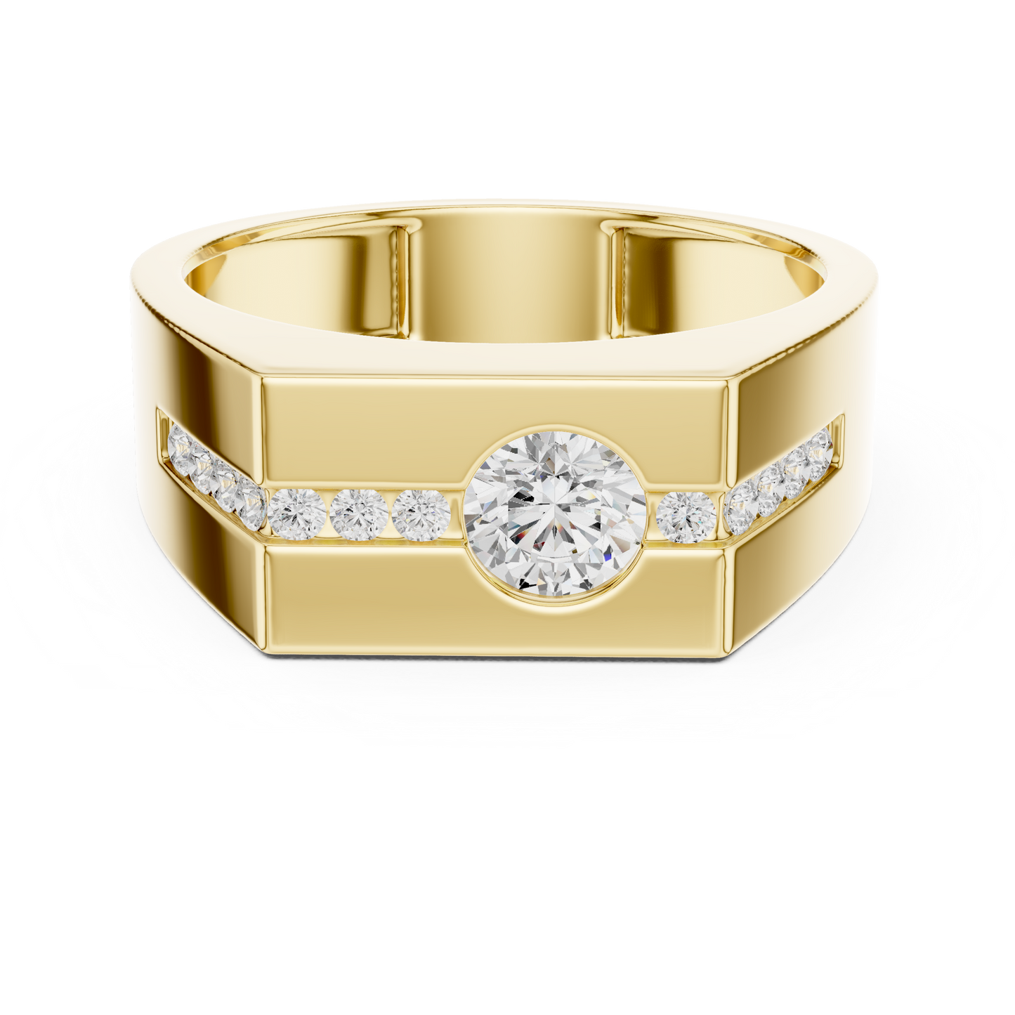 Yellow Gold Round Diamond Solitaire Ring - 0.68CTW Octagonal Statement Band