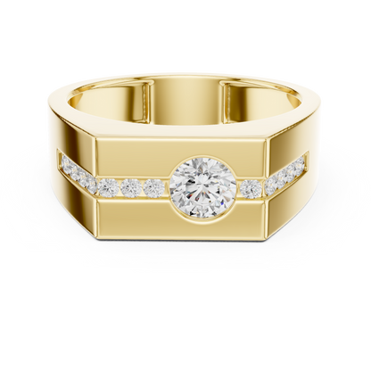 Yellow Gold Round Diamond Solitaire Ring - 0.68CTW Octagonal Statement Band