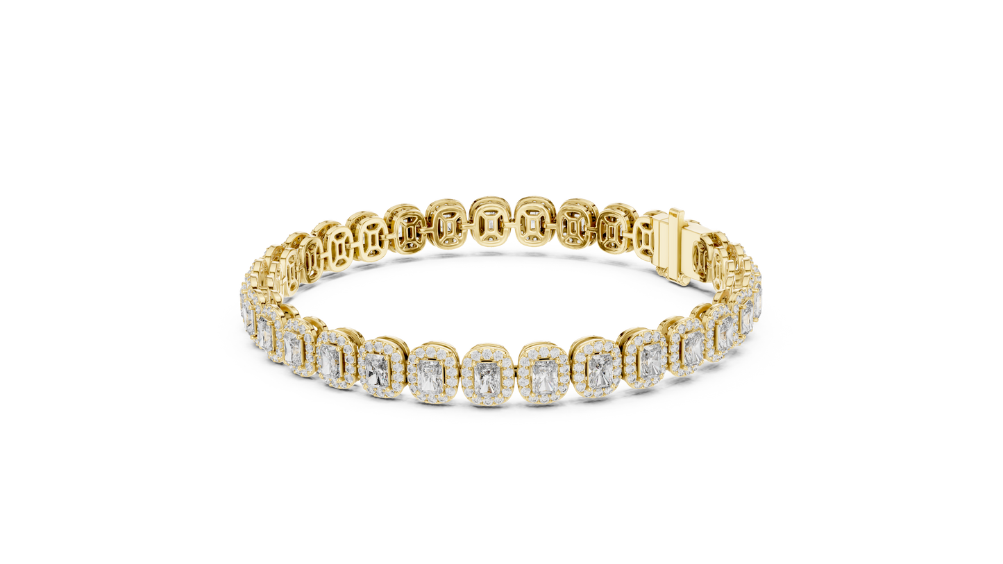 7.04CTW Radiant Cut Diamond Halo Bracelet - Yellow Gold