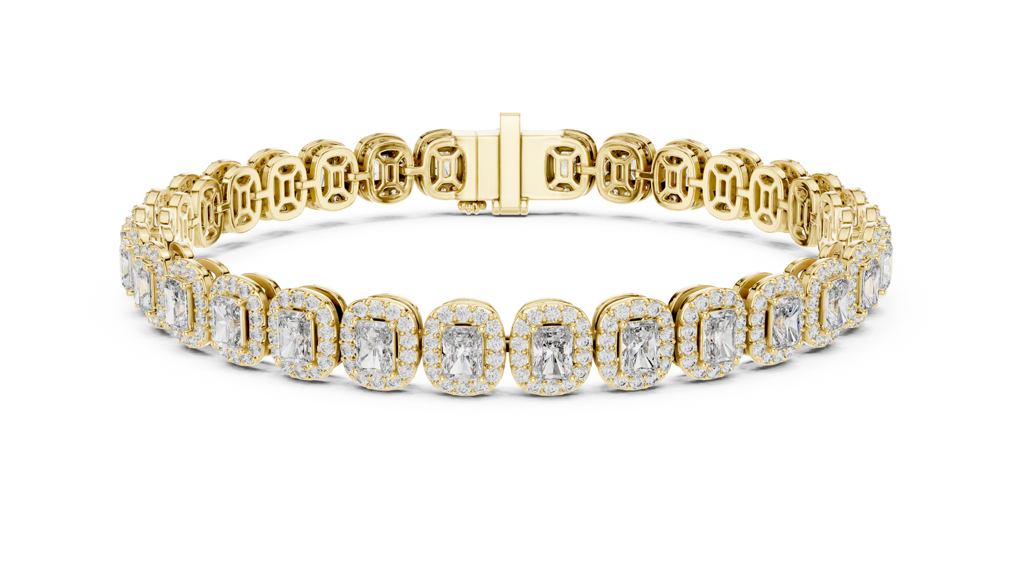 7.04CTW Radiant Cut Diamond Halo Bracelet - Yellow Gold