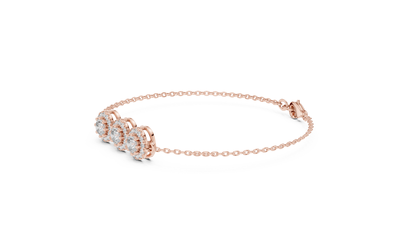 1.29CTW Round Diamond Three-Stone Halo Bracelet | Solid Gold