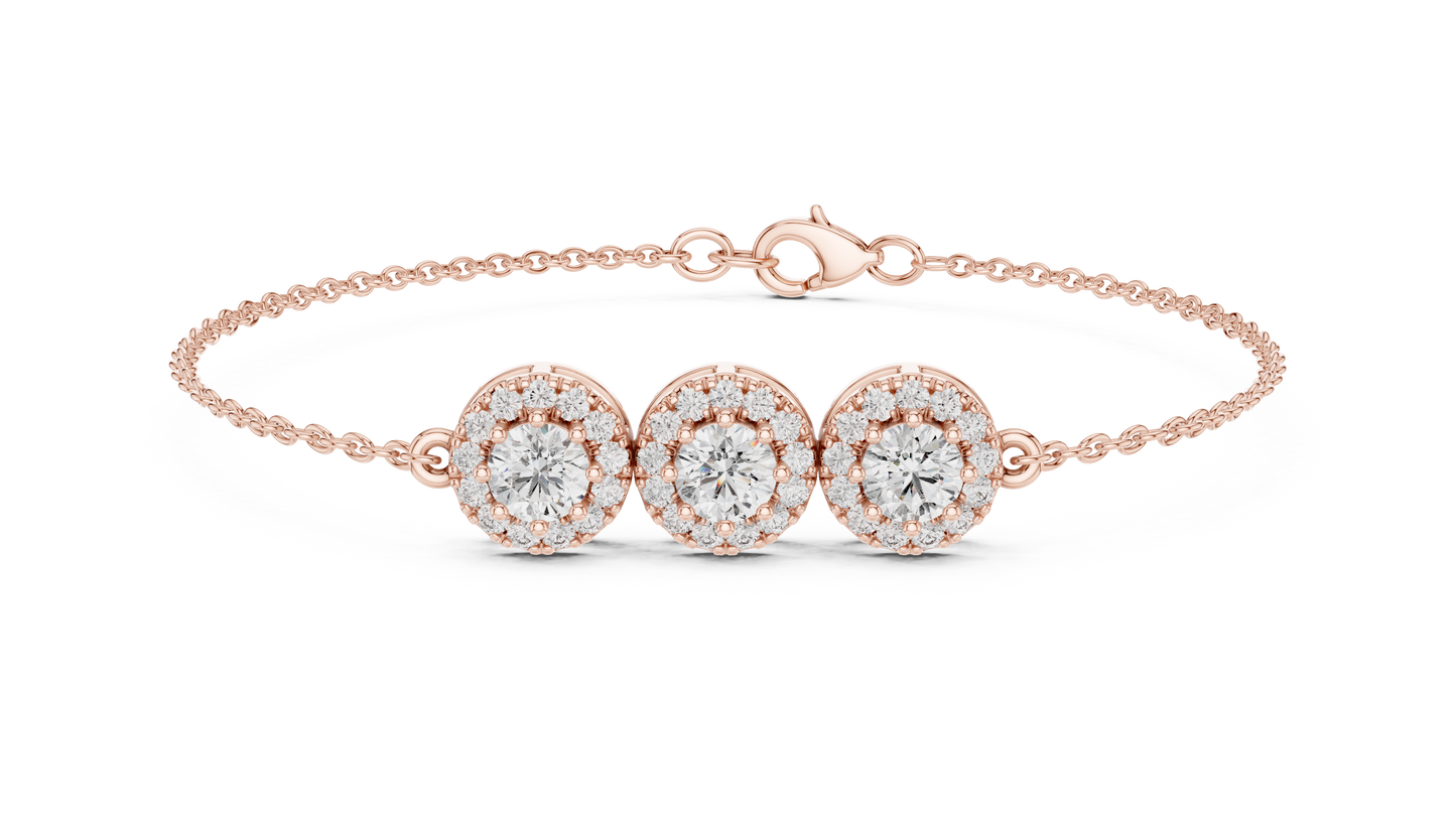 1.29CTW Round Diamond Three-Stone Halo Bracelet | Solid Gold