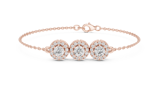 1.29 Carat Round Diamond Three-Stone Halo Bracelet | Solid Gold