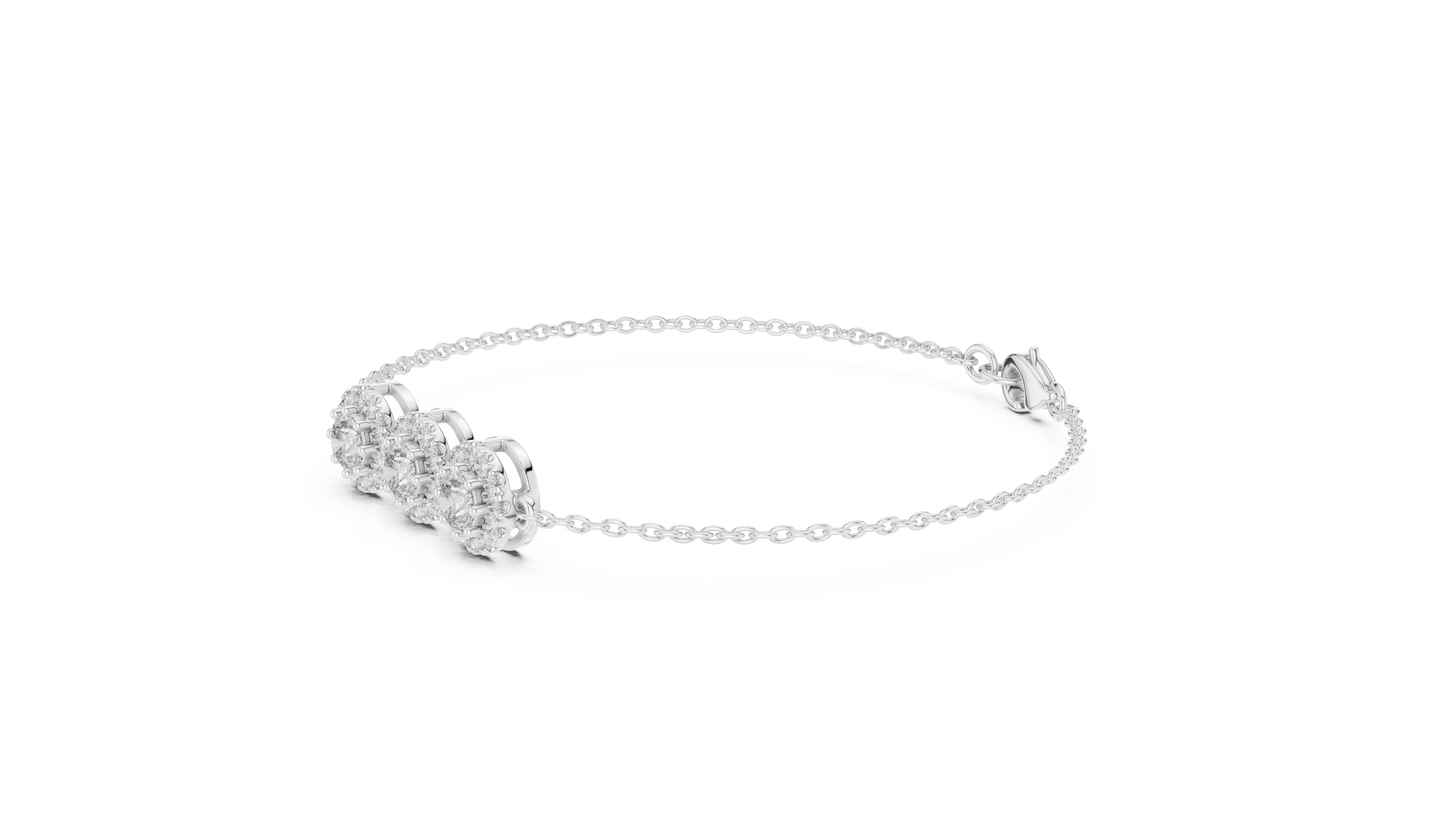 1.29CTW Round Diamond Three-Stone Halo Bracelet | Solid Gold