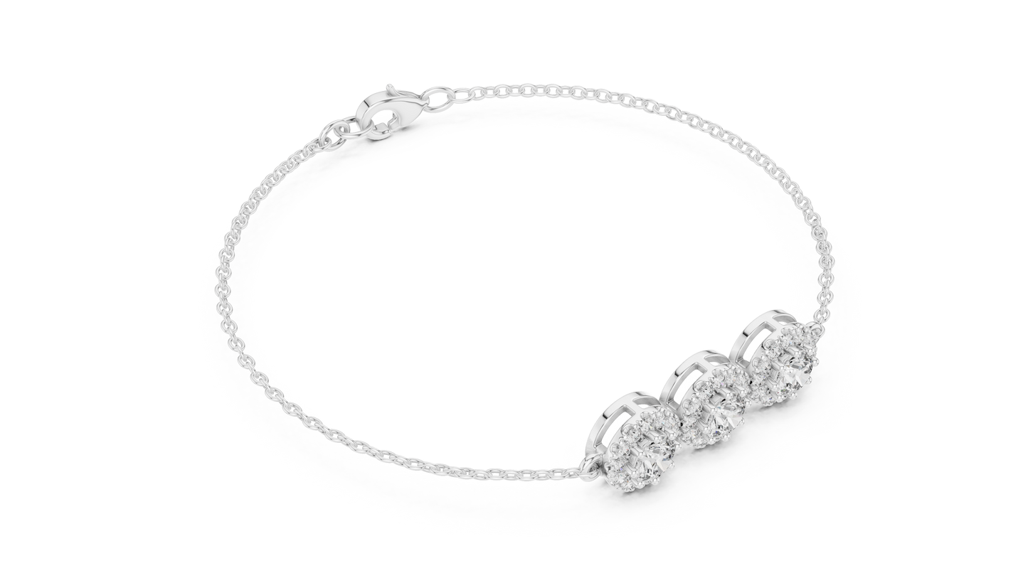 1.29CTW Round Diamond Three-Stone Halo Bracelet | Solid Gold