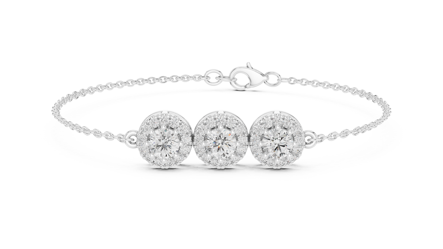 1.29CTW Round Diamond Three-Stone Halo Bracelet | Solid Gold