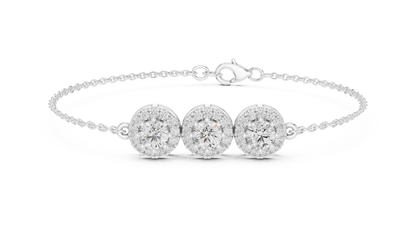 1.29CTW Round Diamond Three-Stone Halo Bracelet | Solid Gold
