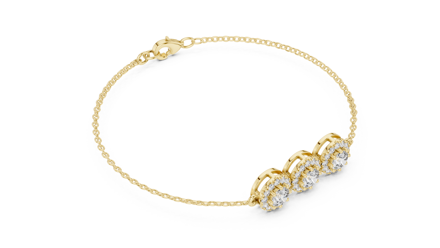 1.29CTW Round Diamond Three-Stone Halo Bracelet | Solid Gold