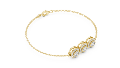 1.29CTW Round Diamond Three-Stone Halo Bracelet | Solid Gold