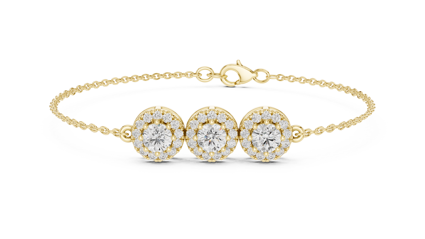 1.29CTW Round Diamond Three-Stone Halo Bracelet | Solid Gold