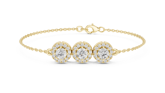 1.29 Carat Round Diamond Three-Stone Halo Bracelet | Solid Gold