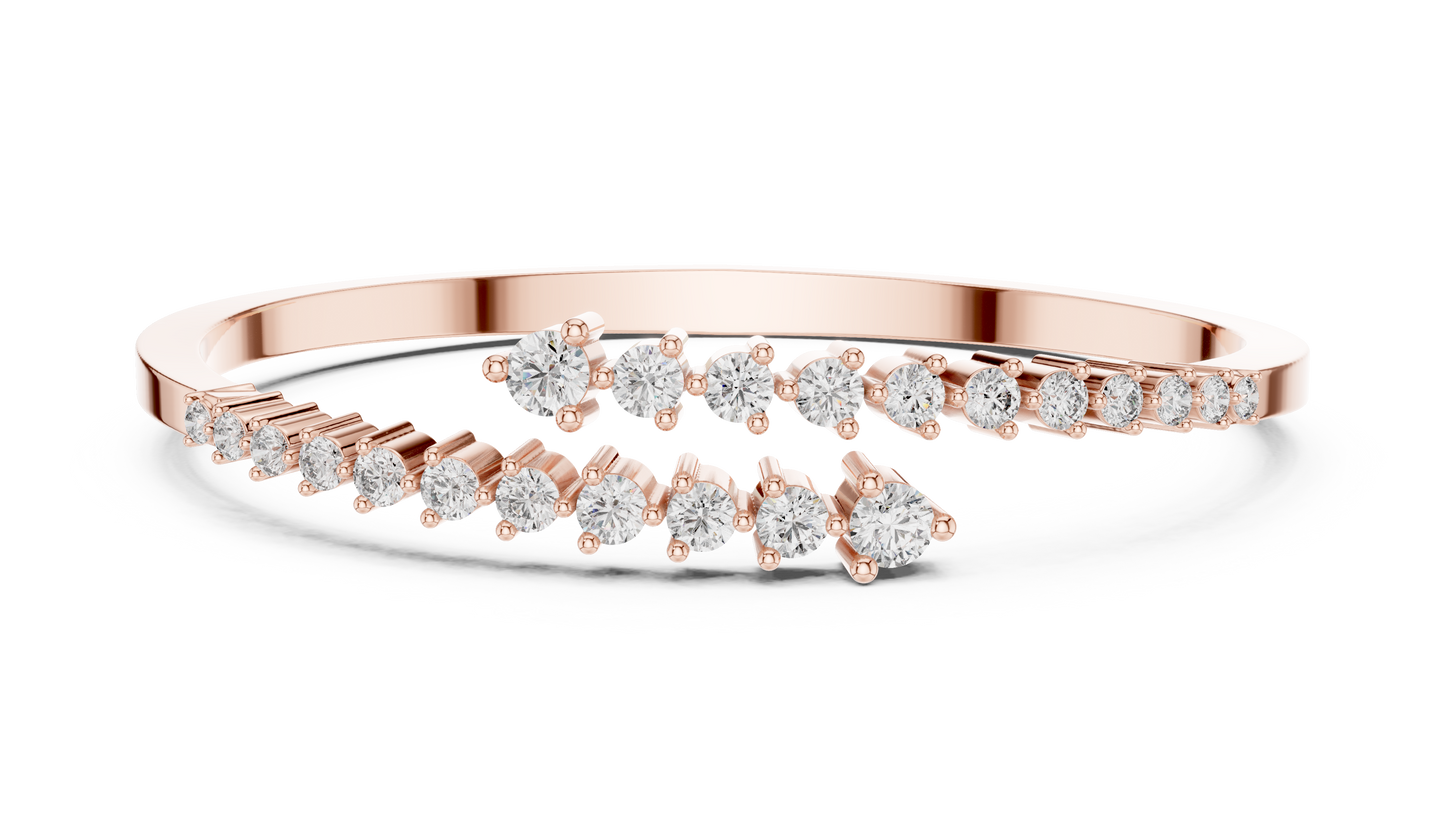 0.51CTW Solid Gold Bypass Bangle Bracelet | Round Cut Diamond Cluster Open Cuff