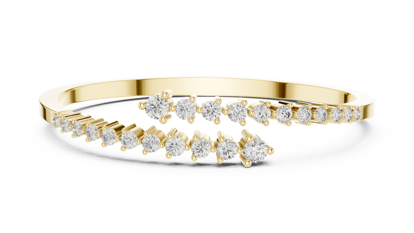 0.51CTW Solid Gold Bypass Bangle Bracelet | Round Cut Diamond Cluster Open Cuff